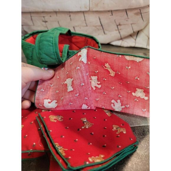Xmas teddy bear mistletoe red cloth napkin‎ set - Picture 5 of 5
